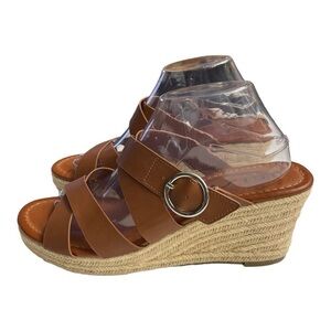 UNISA Women Brown Faux Leather Strap Wedge Sandal Sz 10 M Slip On Buckle Detail